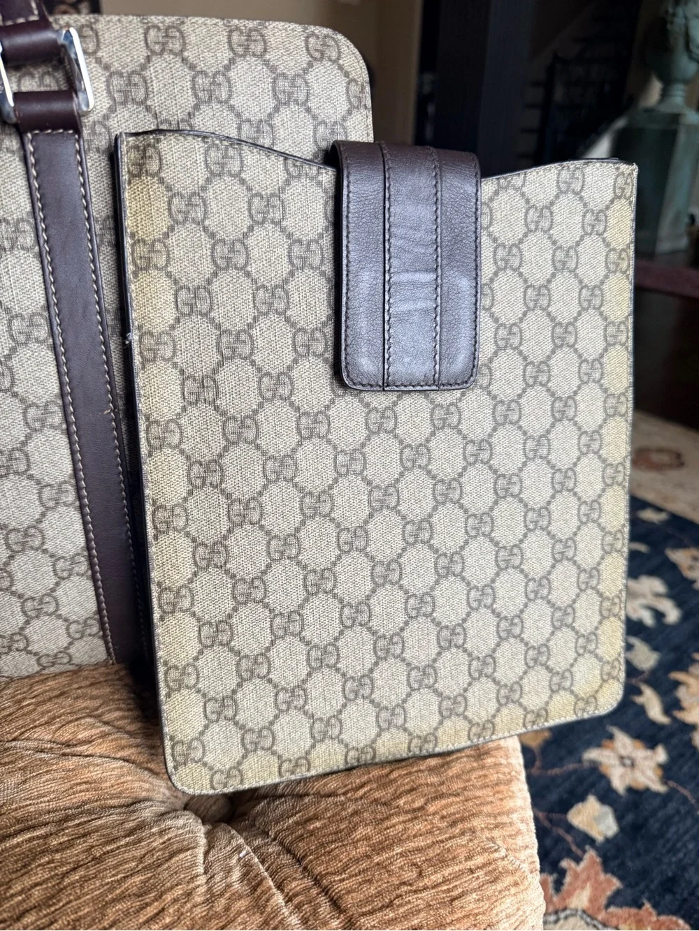 Gucci Beige GG Monogram Briefcase with Dark Brown Leather Trim